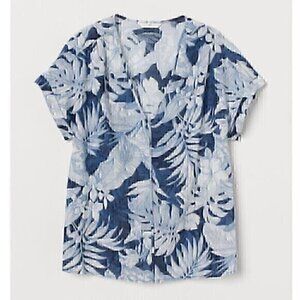 H&M L.O.G.G. V-Neck Cotton Blouse Blue Tropical Hawaiian Floral Leaf Leaves Boho